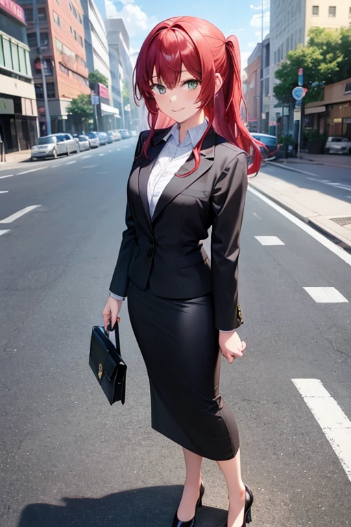 1girl, ikuyo kita, woman, office, suit, office lady, black skirt, black blazer, pencil skirt, skirt suit, maxi length skirt, pink shirt, collared shirt, long hair, looking at viewer, full body, smile