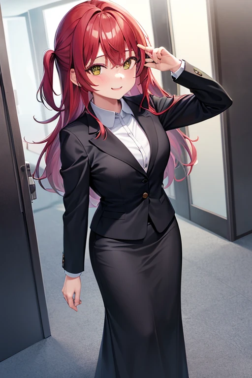 1girl, ikuyo kita, woman, office, suit, office lady, black skirt, black blazer, pencil skirt, skirt suit, maxi length skirt, pink shirt, collared shirt, long hair, looking at viewer, full body, smile