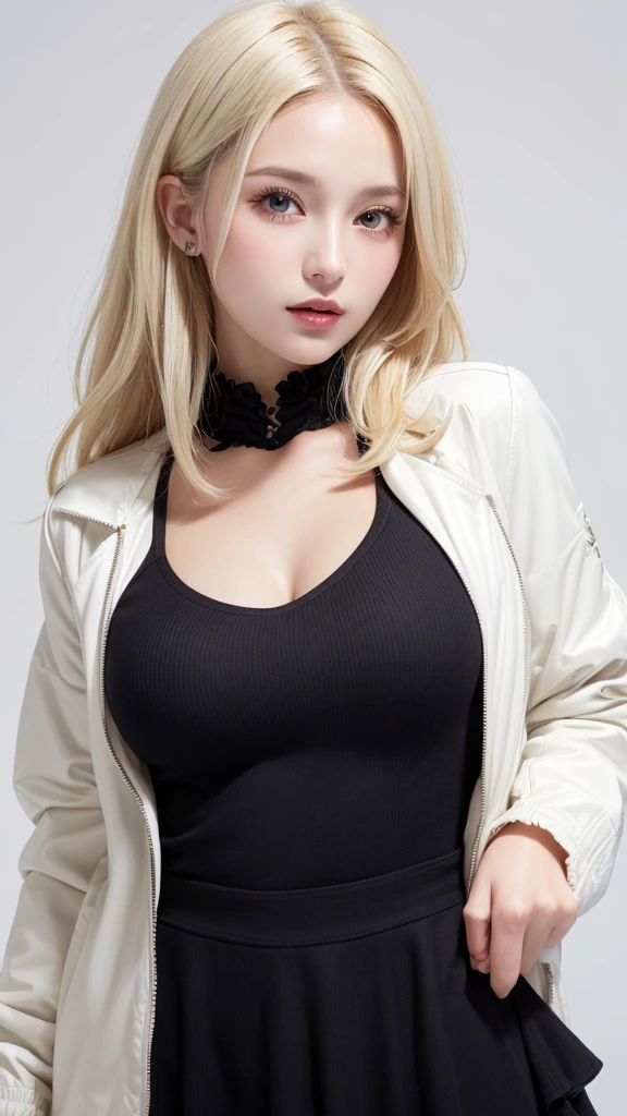 (((forehead、White Blonde Hair、Northern Europe、White people、beautiful girl、Blonde、White background、open jacket、lender )))、table top, highest quality, figure, super detailed, finely, High resolution, 8k wallpaper, Perfect dynamic composition, detailed and beautiful eyes, Deco out,bionde, medium hair, big breasts, Natural color lip,white background, random cute poses,frill dress