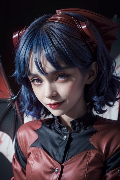 (((Remilia Scarlet))), (bat wings), (vampyre), shorth hair, (((hair blue))), ((standing)), ((((face up close)))), ((jaket, stretch shirt)), evil smile,,