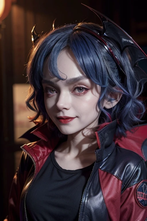 (((Remilia Scarlet))), (bat wings), (vampyre), shorth hair, (((hair blue))), ((standing)), ((((face up close)))), ((jaket, stretch shirt)), evil smile,, 