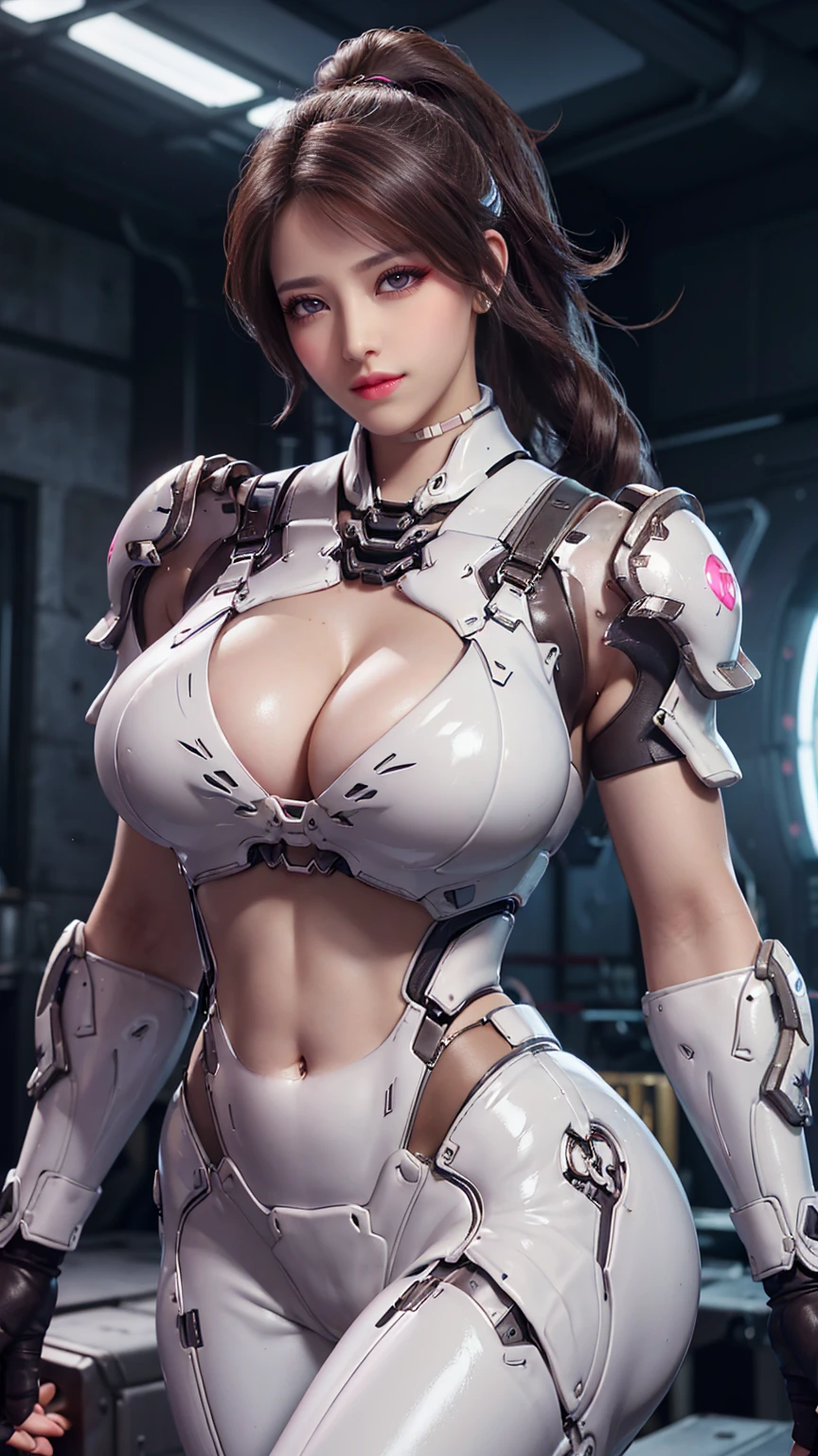 Solo, Stand Up Straight, Physically-based Rendering, Unreal Engine 5 Render, Jealous, bokeh, (look Half Body:1.5), ((full oiled bodyskin, muscle And Bbw Body Type:1.5)), ((cleavage, Gigantic Breast:1.5)), (expose muscle Abs:1.4), (big Hips:1.3), ((beautiful Cyborg Woman, Red Mecha Musume Girl, Futuristic Cyber Crop top armor, White Mecha Body Girl from OVERWATCH 2, Guard Arms, Gloves:1.5)), (close Up Upper Body), (pale Skin, Body Oiled, (clean Glossy Bodyskin:1.4), (background Futuristic Space Station:1), (photorealsitic:1.4), (ultra-detailliert), (top-quality), (best Shadows), Bright Light In Room, Hyper Texture, (4x Msaa), ((unreal Engine 5 Render)), (neon), Physically-based Rendering, Ultra Hight Definition, 16k, 1080p, Beauty Model, 4k Resolution.