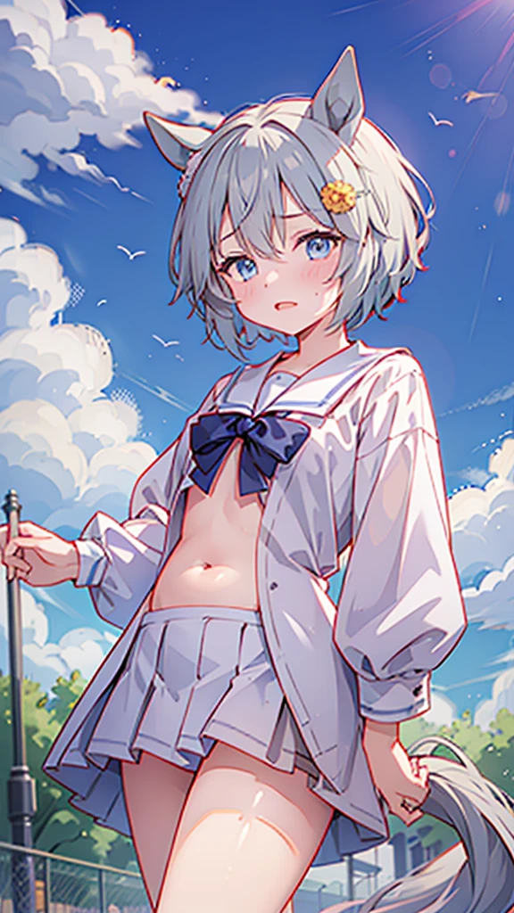Highest quality,masterpiece, best resolution, nsfw, 1 girl, sailor uniform, topless, flat chest,pink nipple, belly button,outdoor, blush, standing, horse ears, horse tail