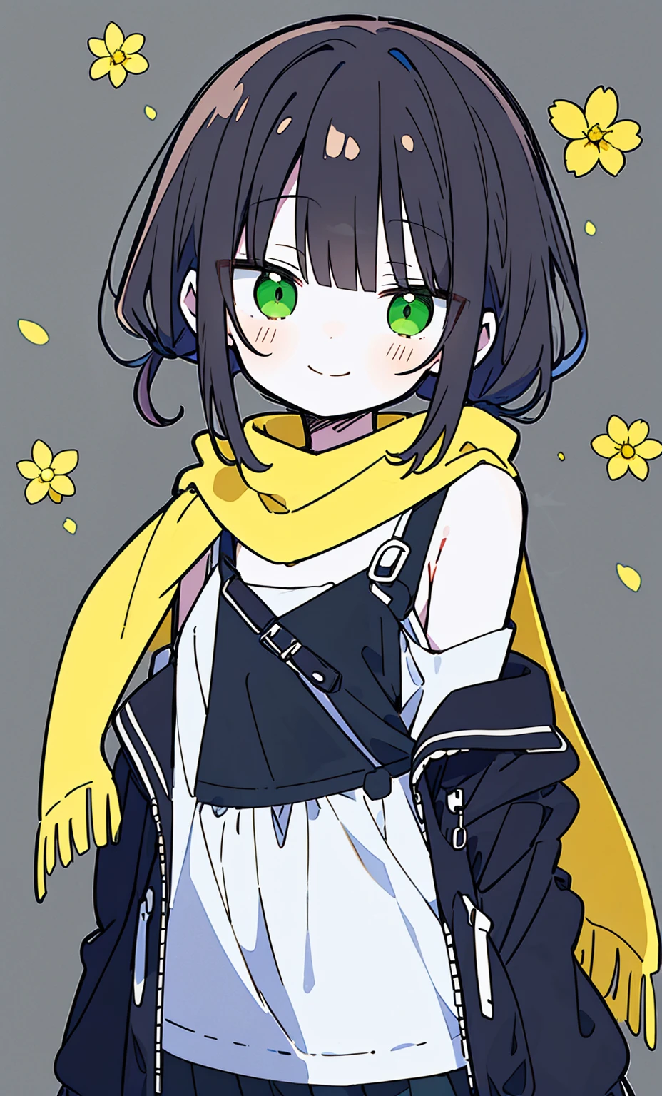 white skin, short man, green eyes, masterpiece, punk jacket, white shirt,, open shoulders, Open sleeve, light smile, yellowflower, quiet, restrained, (concept art),(Brown single ponytail),(yellow scarf)