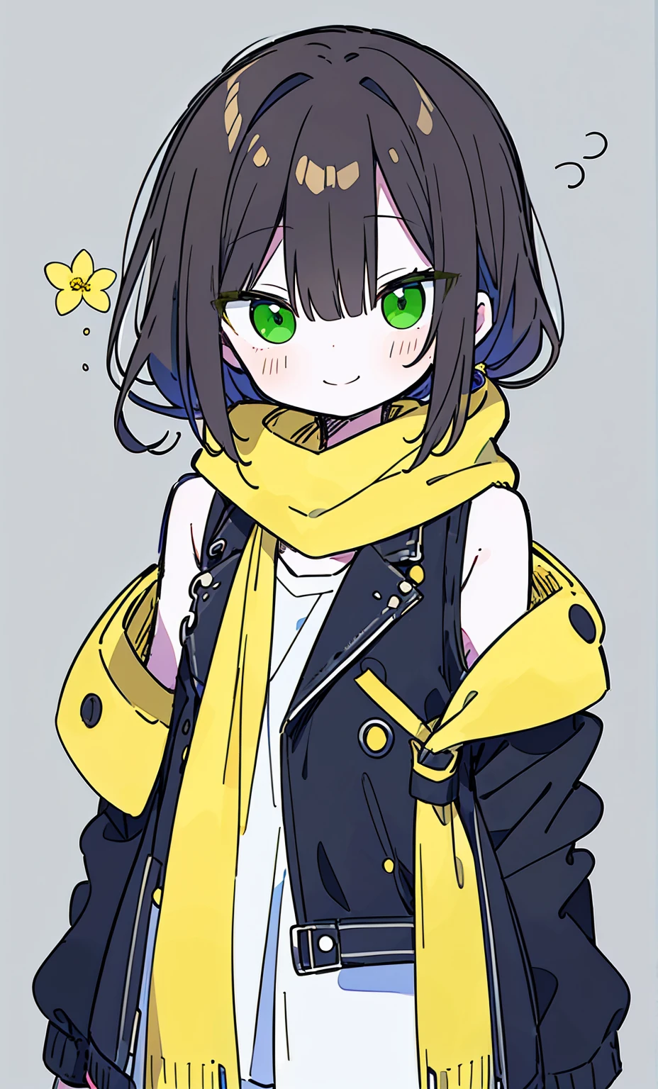 white skin, short man, green eyes, masterpiece, punk jacket, white shirt,, open shoulders, Open sleeve, light smile, yellowflower, quiet, restrained, (concept art),(Brown single ponytail),(yellow scarf)