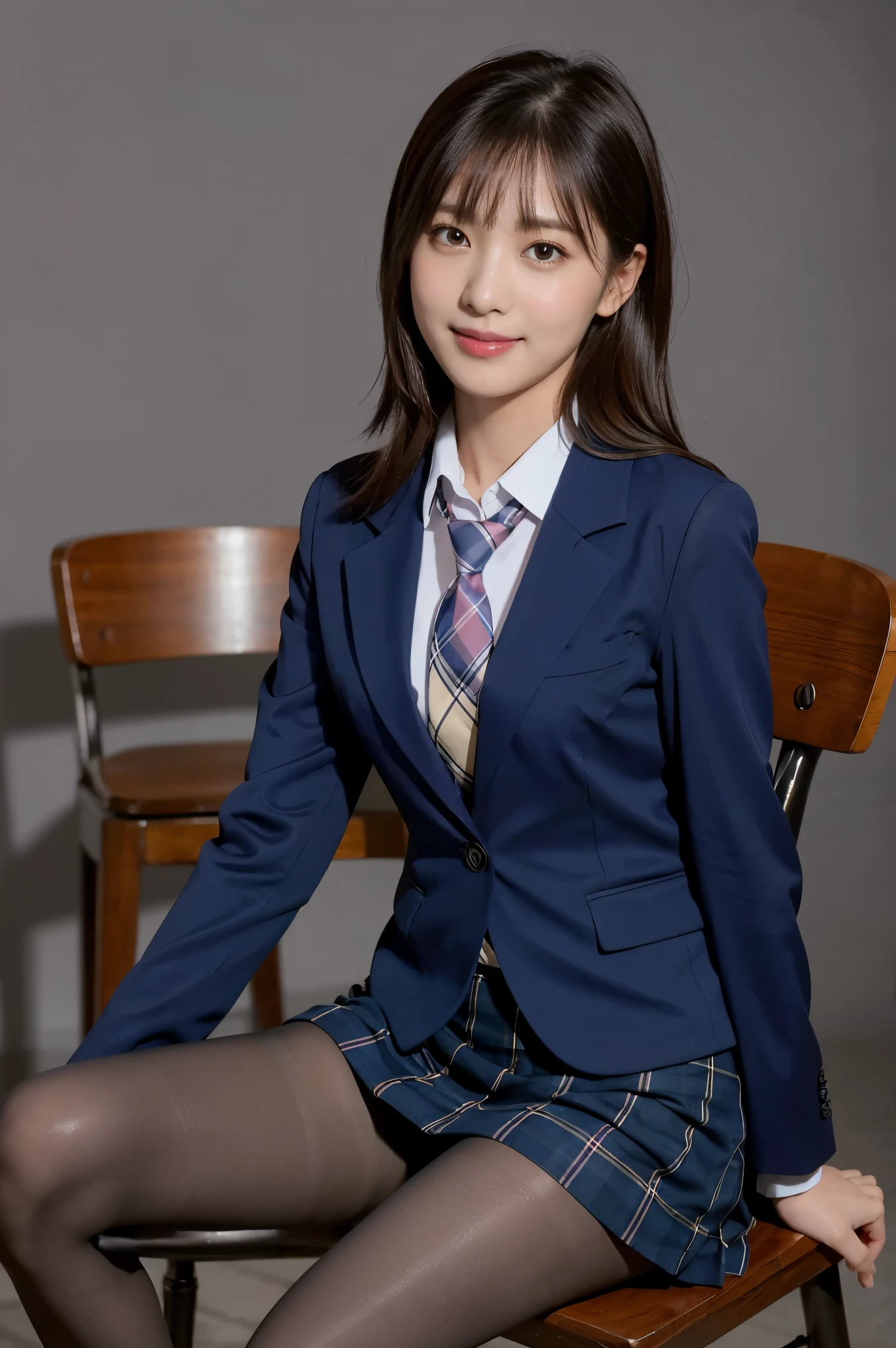 (8k), (highest quality: 1.2), (Realistic), (Realistic: 1.37), Ultra-high resolution, (1 girl), cute, blush,Embarrassed smile, Beautiful details, Beautiful Nose, straight Hair, Giant Dulcefo, pork, Thighs，Self Snap,University Uniforms,(A simple dark blue blazer:1.4),(Pleated skirt:1.2),(The skirt and tie are tartan check pattern.:1.3),(Sitting:1), Sit on the chair,(Hold my feet:1),(shiny pantyhose:1.2),from the front,knees