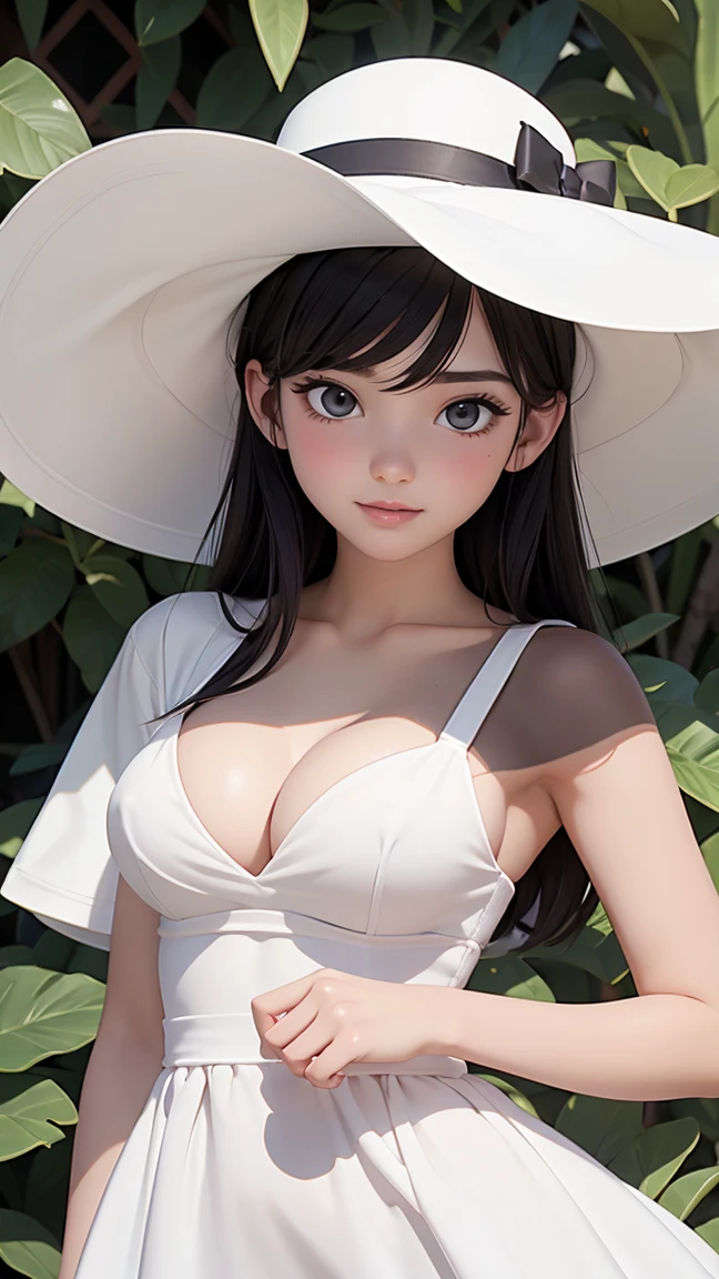 (best quality, masterpiece, perfect face) black hair, 18 years old pale girl, small bust, white sundress, H-cup, big white hat
