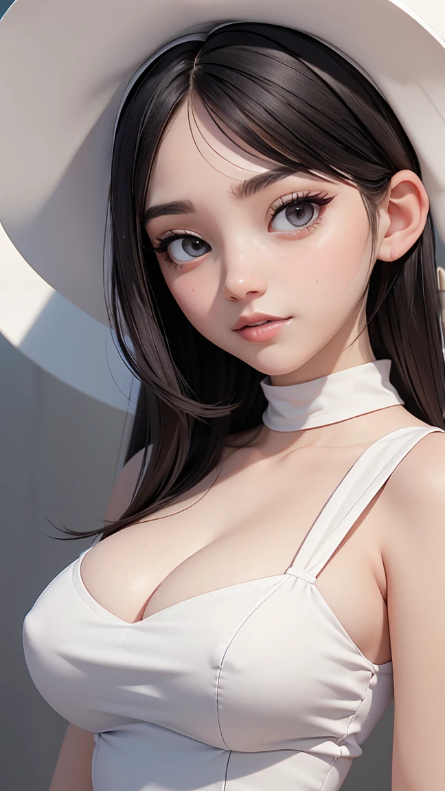 (best quality, masterpiece, perfect face) black hair, 18 years old pale girl, small bust, white sundress, H-cup, big white hat
