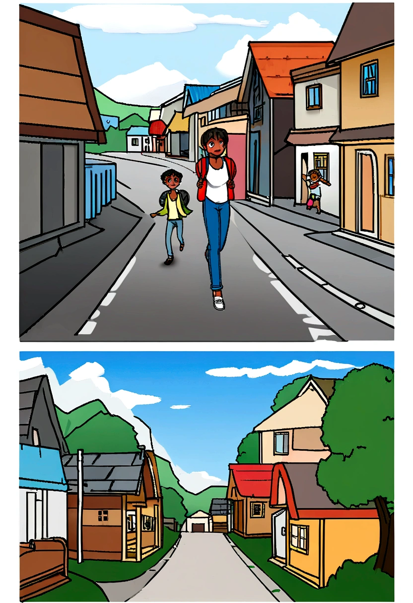 top image, There are two black children walking backwards down the street wearing a white shirt, jeans and backpack, digitl art, location: shanty town, excited desire