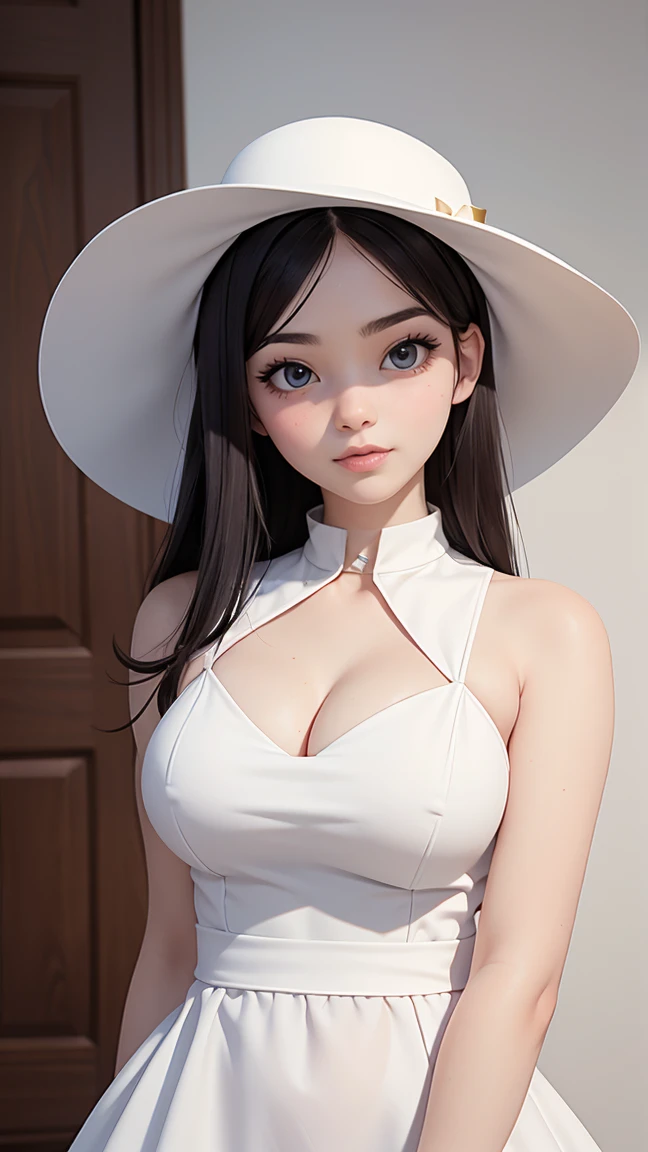 (best quality, masterpiece, perfect face) black hair, 18 years old pale girl, big bust, white sundress, big white hat