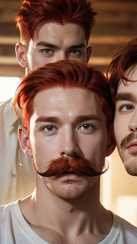 ((((three red-haired men together)))), (((realistic red-haired mustache))), ((shaved hair)), Bokeh, raw, ((detailed and realistic face)), wide medium shot, (extreme skin details), sexy trio of male models wearing cropped Nike, skinny (((20yo red-haired men)))), ultra realistic, rule of thirds, dramatic aerial lighting, detailed face, beautiful, shallow depth of field, intricate details, god rays, light leaks,  realistic, ultra realistic,