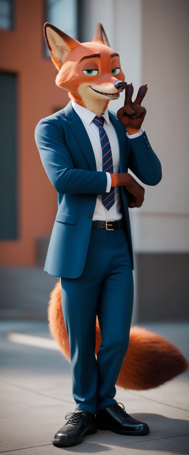 check_9, check_8_up, check_7_up, rating_safe,source_fluffy,antro,source_3d, Nick Wilde, male muscular falcon (fursuit version) looking at viewer gesture of peace and love (standard tuxedo, tie shoes,for the film) (ultra realistic, almost looks like a person) (Blue eyes)