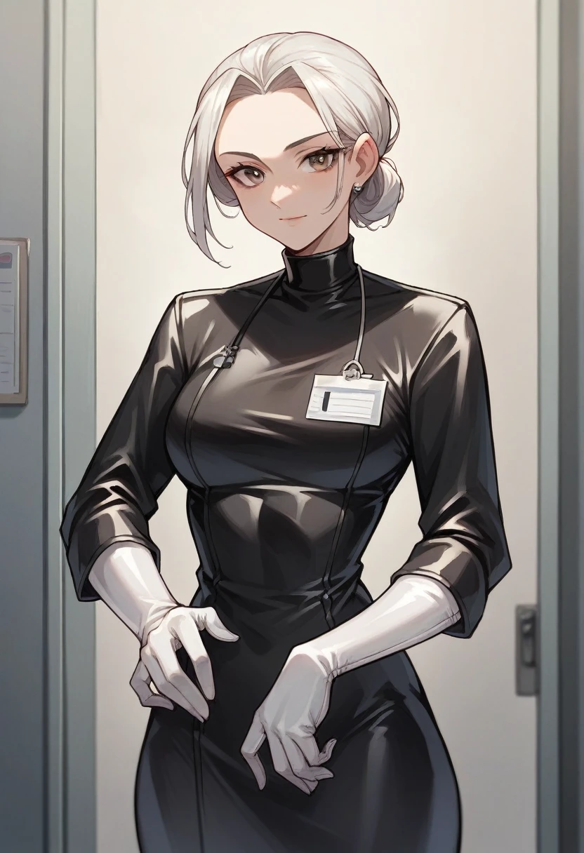 1girl, ((white elbow gloves)), ((surgical gloves)), ((latex gloves)), ((long sleeves)) ((black surgeon outfit)), looking at viewer, ((doctor)), standing, solo