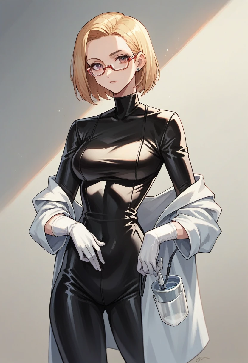 1girl, ((white elbow gloves)), ((surgical gloves)), ((latex gloves)), ((long sleeves)) ((black surgeon outfit)), looking at viewer, ((doctor)), standing, solo