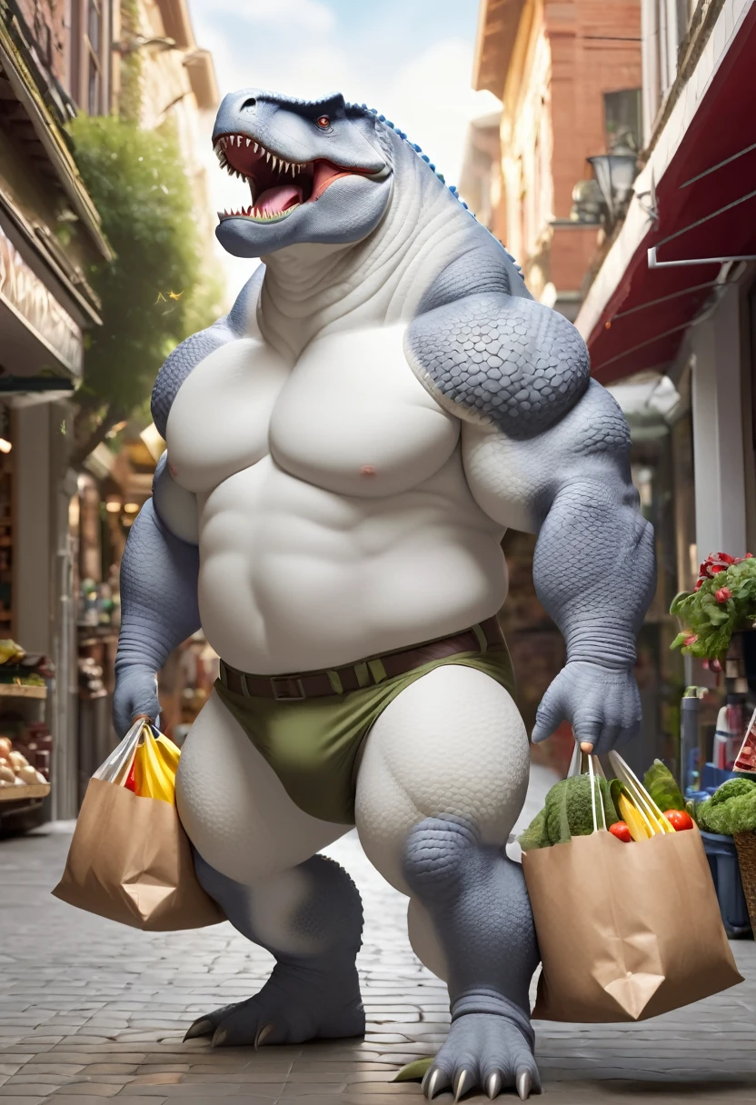 white anthro giant tyrannosaurus with chubby build, super broad shoulders, giant lats, huge round heavy pecs, massive arms, thick thighs, big thick tail, giant bulge in boxers,, with collar, hlding bags of groceries, dynamic pose
