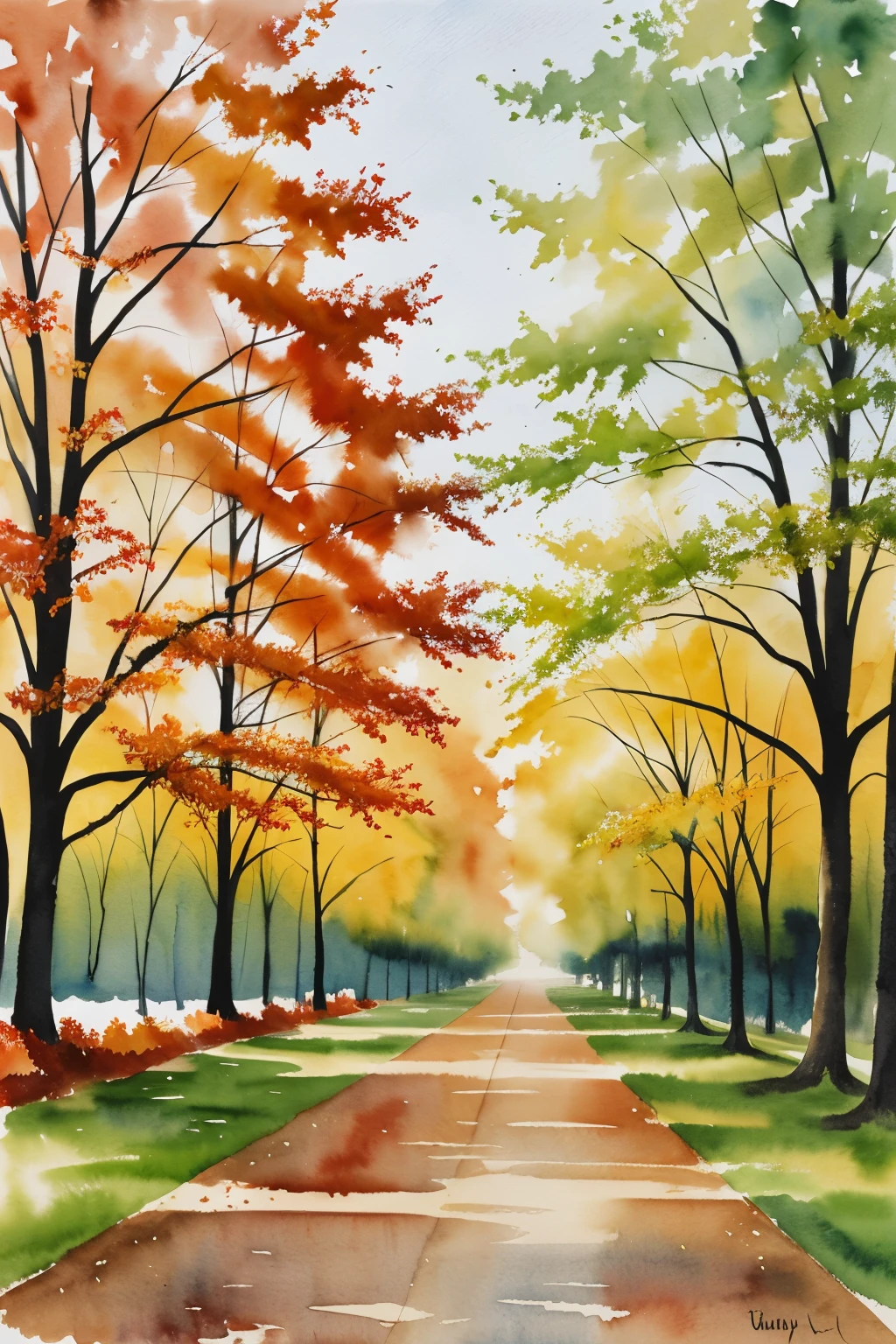 ((Best Quality)), (watery), Watercolor of an afternoon falling on the leaves of the trees in warm colors predominantly white