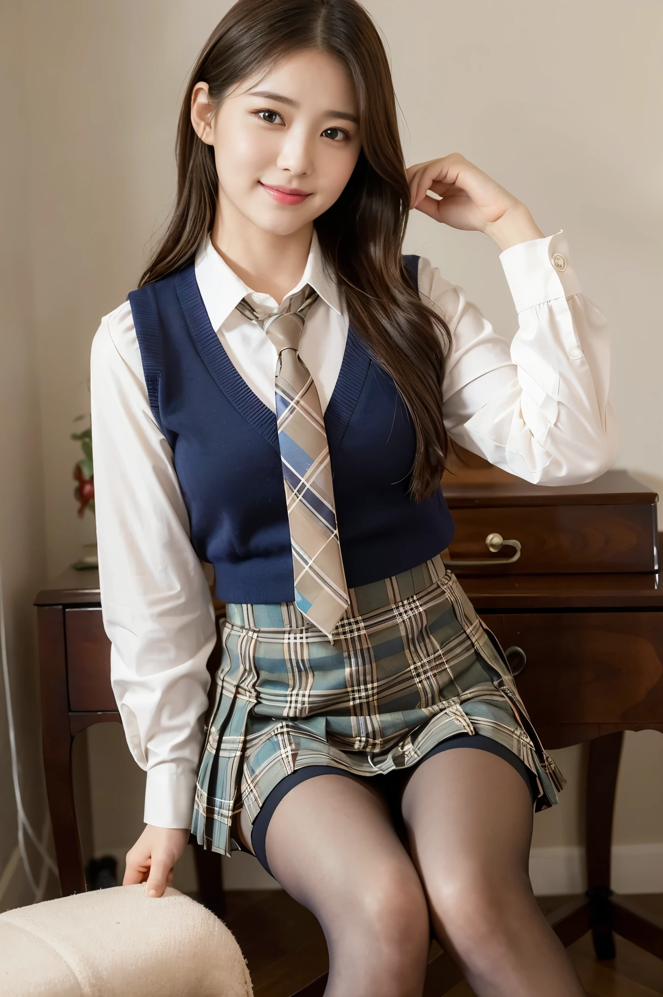 (8k), (highest quality: 1.2), (Realistic), (Realistic: 1.37), Ultra-high resolution, (1 girl), cute, blush,Embarrassed smile, Beautiful details, Beautiful Nose, straight Hair, Giant Dulcefo, pork, Thighs,Self Snap,University Uniforms,(A simple ノースリーブシャツ:1.4),(Pleated skirt:1.2),(The skirt and tie are tartan check pattern.:1.3),(Sitting:1), Sit on the chair,(Hold my feet:1),(Shiny light beige pantyhose:1.2),from the front,knees