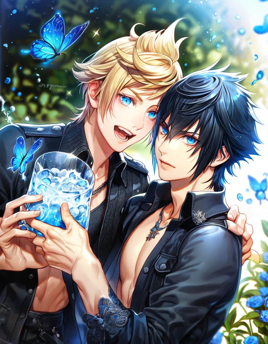 absurdres, highres, ultra detailed, HDR, master piece, best quality, extremely detailed, Noctis Lucis Caelum, black hair, expressive blue eyes, Final Fantasy XV, Prompto Argentum, blonde hair, expressive blue eyes, two sexy men together, gay couple, yaoi, handsome, black clothes, fantasy, magic, sparkling, water, glass, blue moon, blue flowers, blue butterflies, blue petals, garden