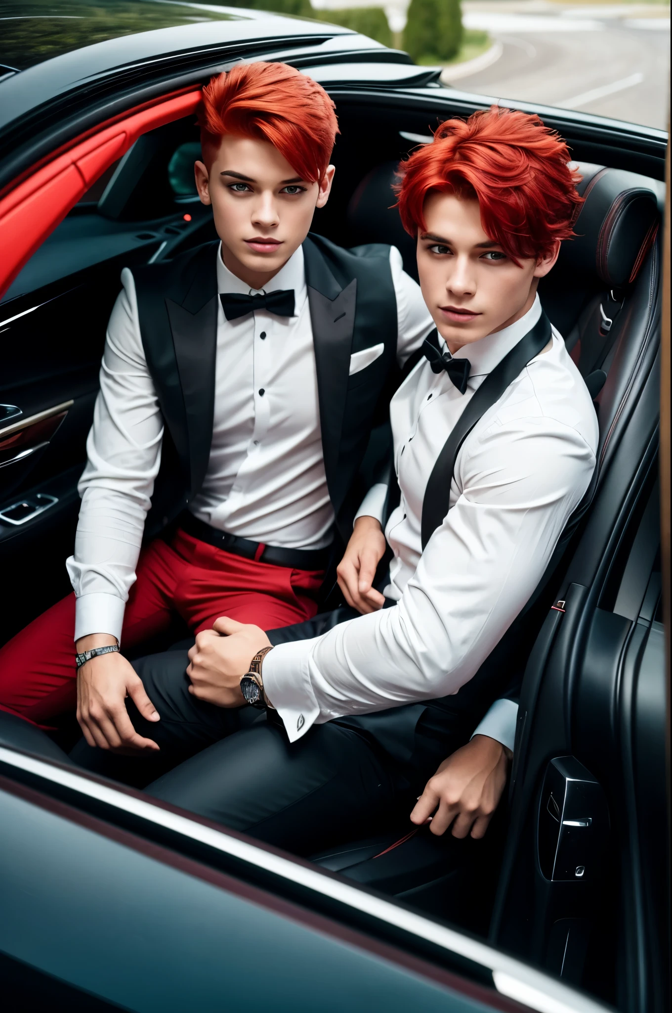 Two boys with red hair on top of a luxury car 