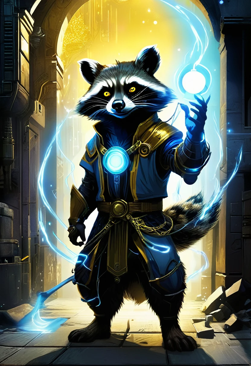 Diane Dillon , album cover art, perfect, smooth, pixiv, cgsociety, worn, old, dirty cyberpunk2077Tarot, A raccoon dressed as a sorcerer is standing in a dark alley, he holds a brightly glowing wwand in front of him as a light source