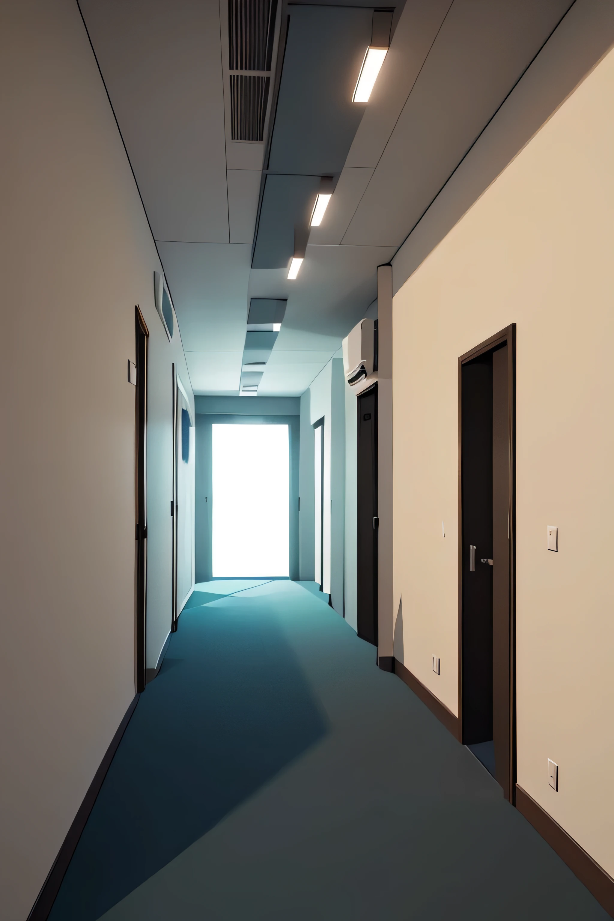 a long sterile-looking curved room with 5 wall modules and a small door at the end of the room
