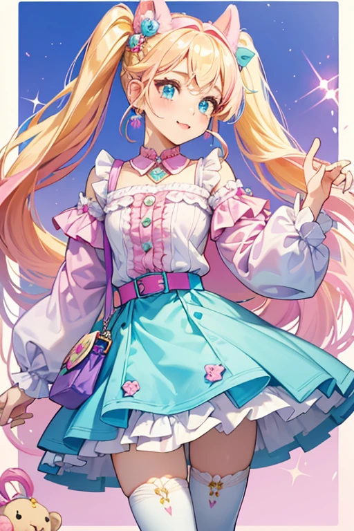 Candylicious has a medium skin tone, split-dyed pastel pink and yellow blonde pigtails with braids, and pastel blue bangs. Details on her face include blue eyes, pink lipstick, pink eyebrows and pink heart stamps on her cheeks. She has pastel purple eyeshadow on her eyelids, and pink eyeshadow underneath her eyes.


She wears a pink bralette with a puff-sleeved shirt underneath. The shirt is white holographic and has a metallic teal sleeve on the right, and a metallic azure blue sleeve on the left. She also wears a skirt which has a textured metallic pink panel on the left, and a metallic azure blue panel on the right that is trimmed with zipper and has three pockets. She also wears violet tights and socks, with one pastel blue slipper and one pastel yellow slipper.

Her earrings are Num Noms, which are sweet-themed characters from another MGA Entertainment toy line -Betty B-Day and Candie Puffs. She has a violet collar accessory and white belt. Her yellow purse is shaped like a stuffed toy and has one teddy bear ear on the right with one pink rabbit ear in the left. She comes with four pink and yellow hairbands for her pigtails. SPARKLE; GLITTER