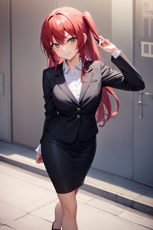 1girl, ikuyo kita, woman, office, suit, office lady, black skirt, black blazer, tight pencil skirt, skirt suit, maxi length skirt, pink shirt, collared shirt, long hair, looking at viewer, full body, smile, walking