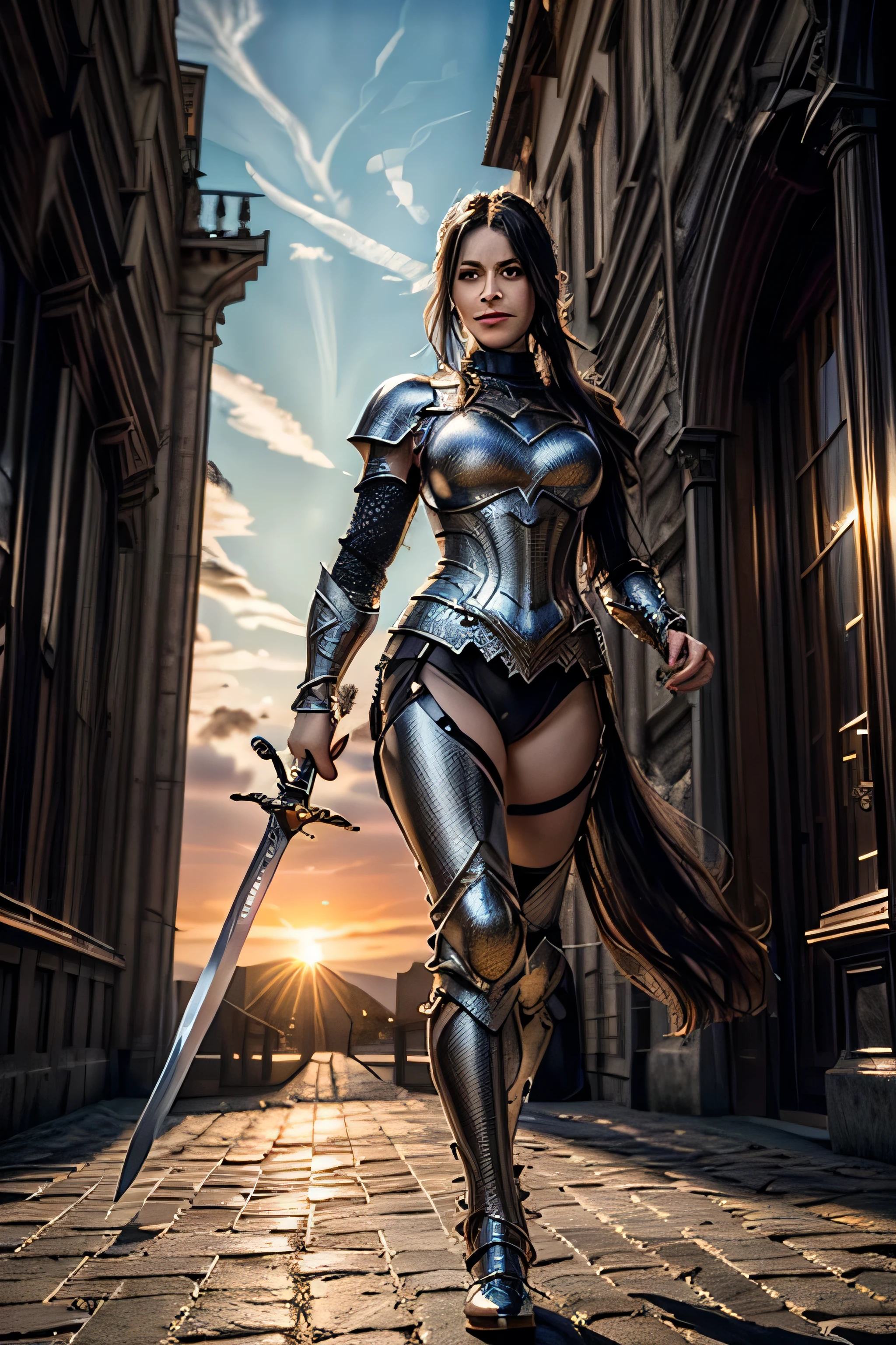 (masterpiece, photorealistic:1.4, extremely intricate:1.3), (photon mapping, radiosity, physically based rendering, ultra resolution, hyper-realistic, photorealistic:1.4, hyper-realistic, 8K), muscular girl, ((Sumptuous armor from the late Renaissance, black chrome perfectchainmail armor:1.4, (long eyelashes, fullbody photograph, sword raised), smirking, serious)), metal reflections, outdoors, intense sunlight, far away castle, (long straight ponytail black hair, dynamic pose), sharp focus, dramatic, award winning, cinematic lighting, (film grain, bokeh, interaction, sunrise)