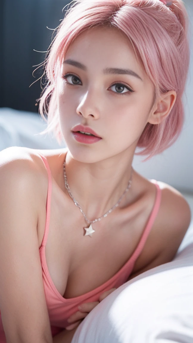 best quality，She wears a red T-shirt，wear black pantedium chest，sitting on Bed, High quality resulustion, 8k, Cute girl short pink hair, with two bows on each side of the hair, all her hair short pink , with a star clip in her pink hair, light colored eyes, pretty eyes, crying eyes, pretty, upturned nose, watery nose, Pretty lips, pink lips, heart and cupid shaped lip, pretty skin, pale, White skin, with moles and freckles all over his face, soft pink blush on the cheeks, natural pink blush, soft pink makeup, Jennie, nice neck, marked collar, frown, tender look, with a kiss necklace, a pretty kiss necklace, full body photography , full body exposure, 