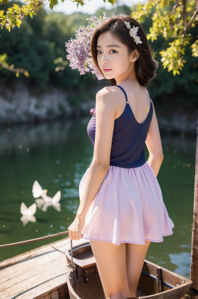  DUCKS FLYING IN THE BACKGROUND, RED AND LILAC FLOWERS, BOAT AT THE BOTTOM FISHING