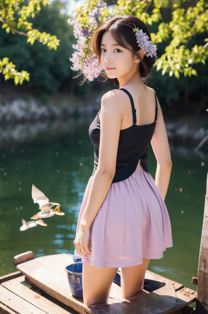  DUCKS FLYING IN THE BACKGROUND, RED AND LILAC FLOWERS, BOAT AT THE BOTTOM FISHING