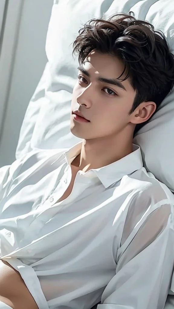 25-year-old male with short black hair, dressed in a plain white blouse, lying on a bed, pensive expression