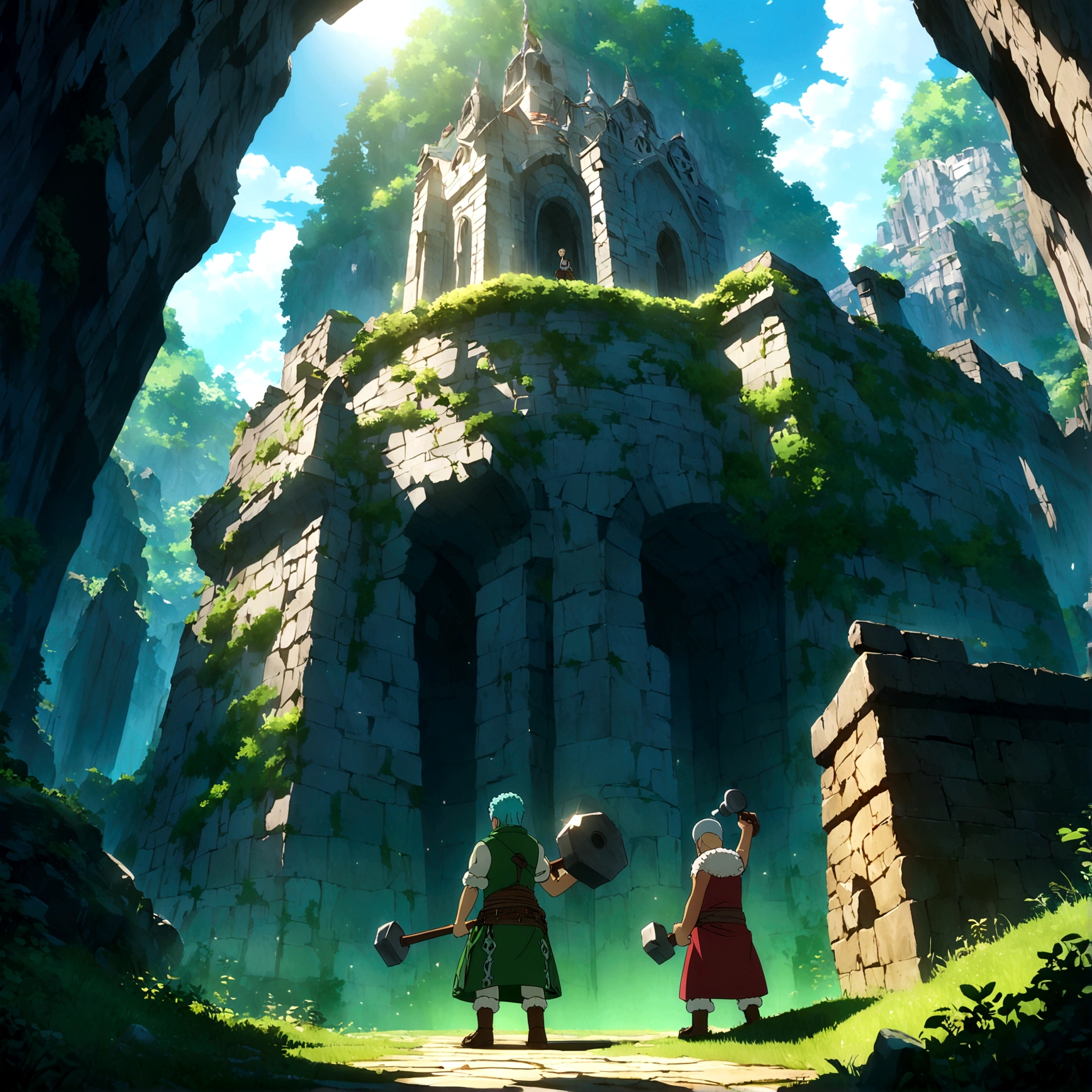 Young dwarf, gray-green hair, no beard, emerald green eyes, working hammer in hand, blacksmith outfit, rune forge setting, "Anime inspired by One Piece, filled with dramatic and incredible lighting, dramatic lighting, infused with creative details, ultra-fine 2D design, scenery bathed in creativity, bathed in creativity, boasting HD anime resolution clarity, HD anime graphics, high-octane rendering"