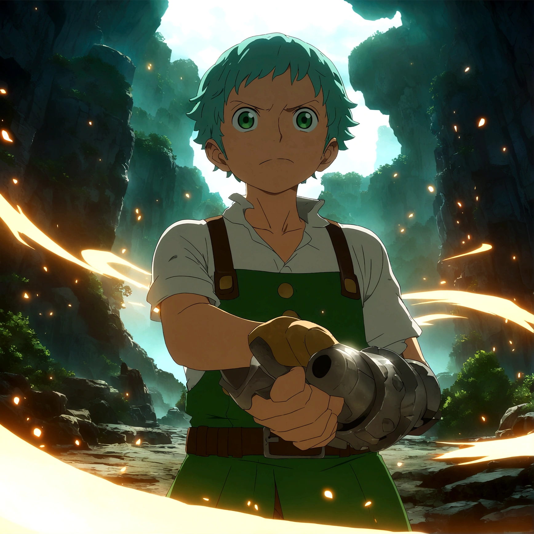 Young dwarf, gray-green hair, no beard, emerald green eyes, working hammer in hand, blacksmith outfit, rune forge setting, "Anime inspired by One Piece, filled with dramatic and incredible lighting, dramatic lighting, infused with creative details, ultra-fine 2D design, scenery bathed in creativity, bathed in creativity, boasting HD anime resolution clarity, HD anime graphics, high-octane rendering"