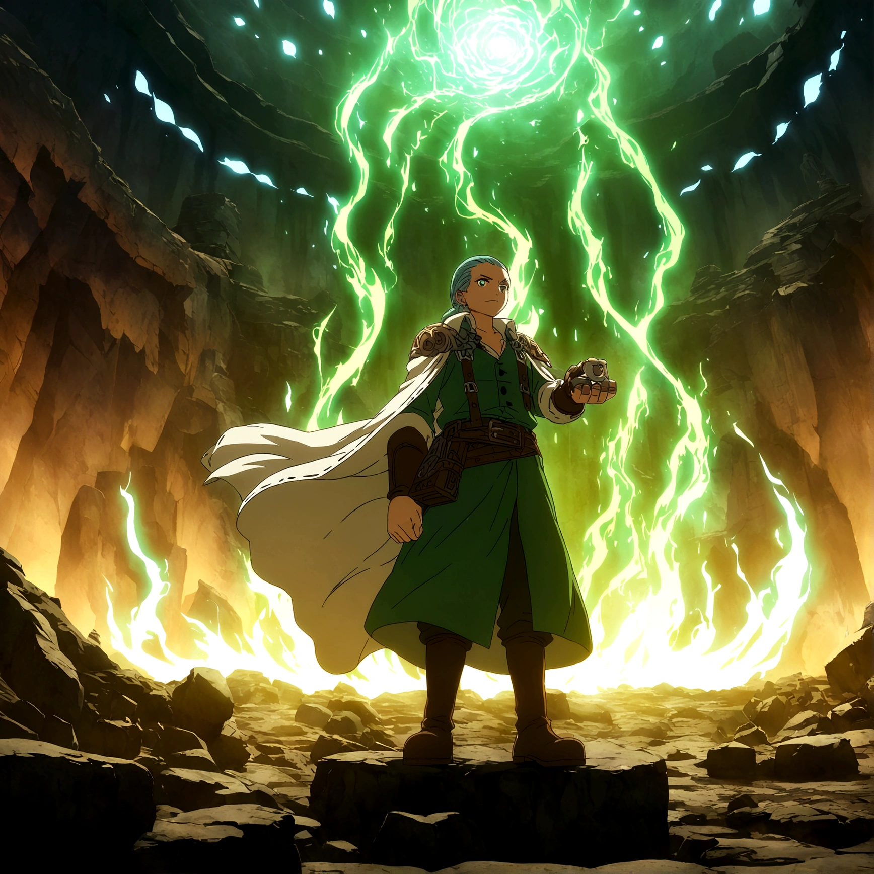 Young dwarf, gray-green hair, no beard, emerald green eyes, working hammer in hand, blacksmith outfit, rune forge setting, "Anime inspired by One Piece, filled with dramatic and incredible lighting, dramatic lighting, infused with creative details, ultra-fine 2D design, scenery bathed in creativity, bathed in creativity, boasting HD anime resolution clarity, HD anime graphics, high-octane rendering"