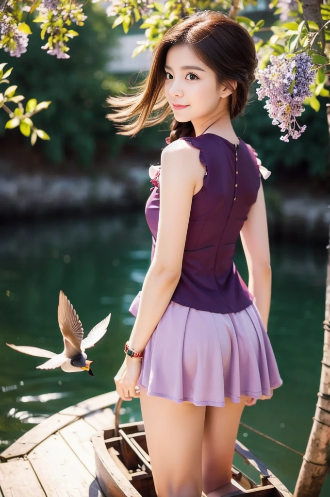  DUCKS FLYING IN THE BACKGROUND, RED AND LILAC FLOWERS, BOAT AT THE BOTTOM FISHING