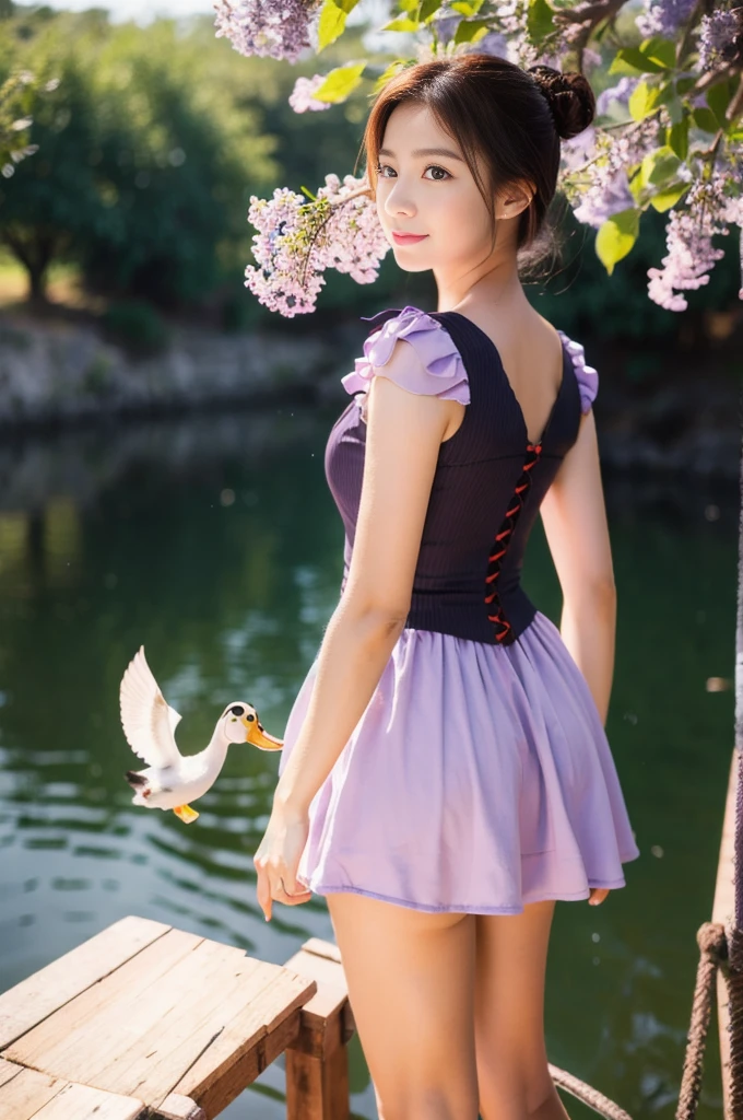  DUCKS FLYING IN THE BACKGROUND, RED AND LILAC FLOWERS, BOAT AT THE BOTTOM FISHING