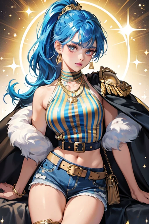 Miss Independent has a deep skin tone and a sparkly cobalt blue ponytail with finely braided and styled bangs. Details on her face include brown eyes, sparkly pink lipstick, blue eyebrows and sparkly light blue eyeshadow. She also wears gold nail polish.


She wears a top that is metallic blue and sequinned on one side, and red and black glitter striped on the other, with gold bands crossing the chest. She also wears a pair of cutoff denim shorts and a black cape with rainbow iridesence. Her outfit also consists of a pair of knee-high white military boots with gold details.


Her accessories include a gold fabric belt, a gold necklace, gold spiky earrings, and a sparkly blue purse with gold details. SPARKLE; GLITTER