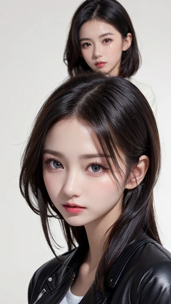 (((forehead、Northern Europe、White people、beautiful girl、Black Hair、White background、open jacket、lender)))、table top, highest quality, figure, super detailed, finely, High resolution, 8k wallpaper, Perfect dynamic composition, detailed and beautiful eyes, Deco out,bionde, breasts, Natural color lip,white background, random cute poses,