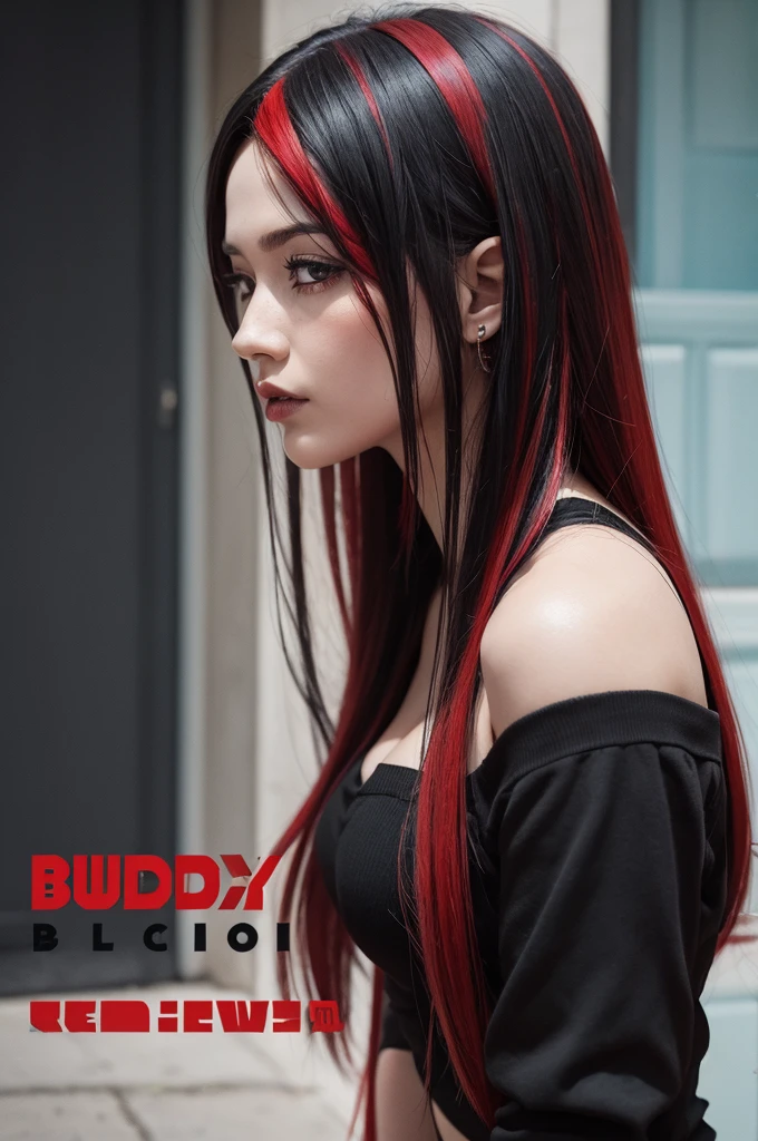 a ladybug with black and red hair, album cover art