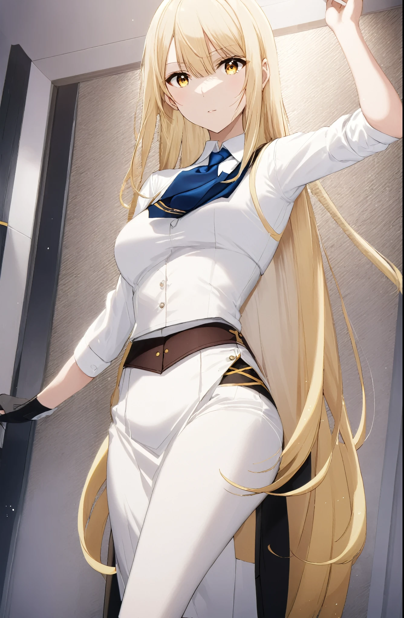oriana rose, long hair, blonde hair, yellow eyes, drill hair, bangs, blunt bangs, skirt, jacket, necktie, white skirt, corset,