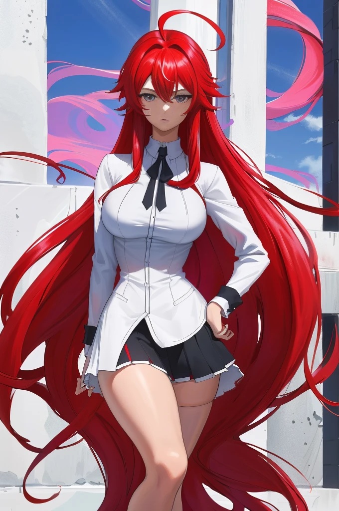 ​masterpiece, top-quality, hight resolution, Rias Gremory, 1girl in, length hair, red hairs, Ahoge, blue eyess, large round breasts, Very long hair, strong, fuchsia colored clothes