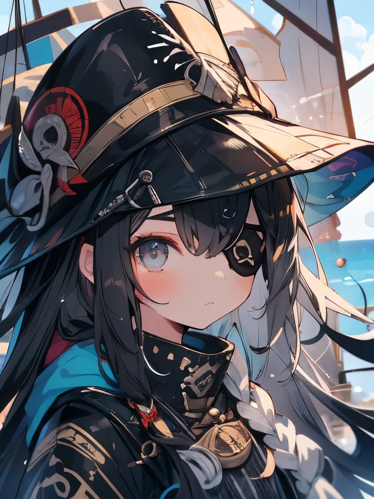 masterpiece、girl、Black Hair、Ocean賊の服、Wear a tricorn hat、((Black eyepatch))、Skull mark、Serious face、Ocean、On the boat、Upper Body