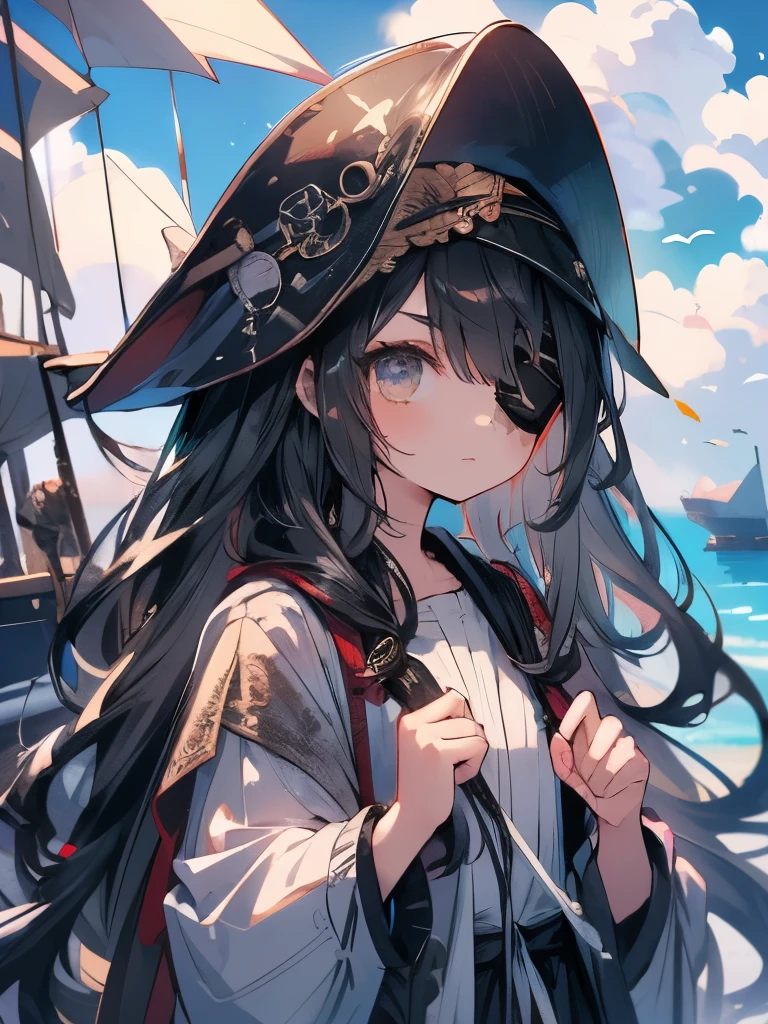 masterpiece、girl、Black Hair、Ocean賊の服、Wear a tricorn hat、((Black eyepatch))、Serious face、Ocean、On the boat、Upper Body