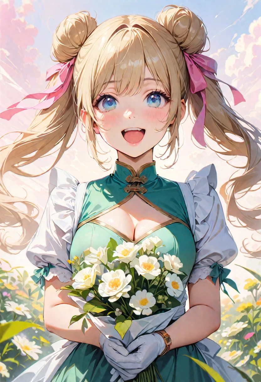 30 years old,1 mature woman,hyperrealistic, 8k, (extremely detailed 8k), (very delicate and beautiful), (masterpiece), (better quality:1.0), (ultra high resolution:1.0), (masterpiece, best quality), cute,blonde,cleavage cutout,(broen dress:1.3),gleaming skin,twintails,twin bun,a pink ribbon on the head,long hair,pastel green chinese maid dress,pastel green chinese dress,white long gloves,hold a bouquet of flowers,face and body straight at the camera,a bunch of flowers,POV,bust shot,white frill,puffy sleeves,laugh with open mouth,tareme,sky blue eyes,short truffle half apron,a gold buckle around someones neck,white corset,pink background,pink