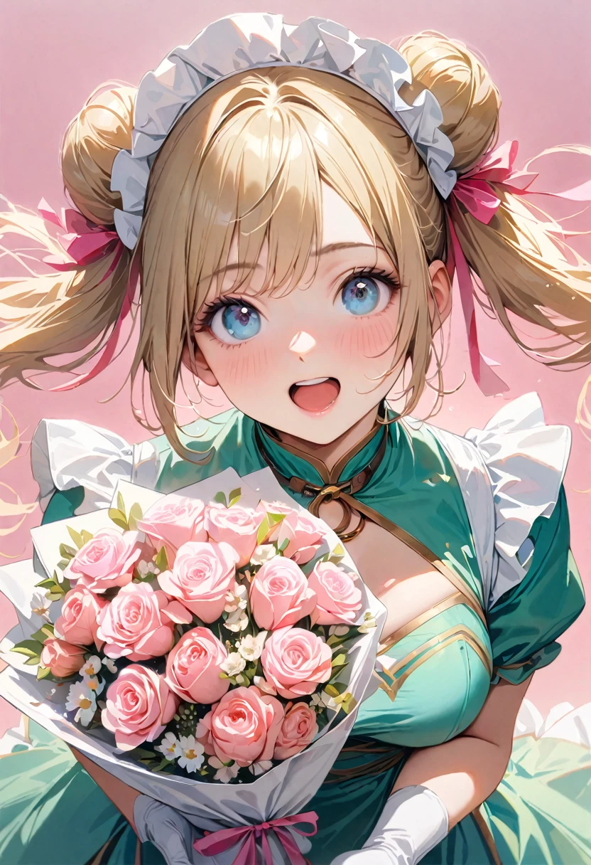 30 years old,1 mature woman,hyperrealistic, 8k, (extremely detailed 8k), (very delicate and beautiful), (masterpiece), (better quality:1.0), (ultra high resolution:1.0), (masterpiece, best quality), cute,blonde,cleavage cutout,(broen dress:1.3),gleaming skin,twintails,twin bun,a pink ribbon on the head,long hair,pastel green chinese maid dress,pastel green chinese dress,white long gloves,hold a bouquet of flowers,face and body straight at the camera,a bunch of flowers,POV,bust shot,white frill,puffy sleeves,laugh with open mouth,tareme,sky blue eyes,short truffle half apron,a gold buckle around someones neck,white corset,pink background,pink