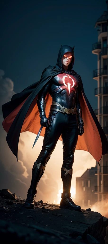 { "Incite": "Create a full-body image of a superhero with a mysterious and intense aura, combining Spawn elements. The superhero should have a similar aesthetic to Moon Knight, but with a black and red primary color scheme. The character must have a dark and intriguing presence, with elegant, modern armor and a flowing cape. Focus in the dark, hmm fearless hero, using a giant sword in his hands.