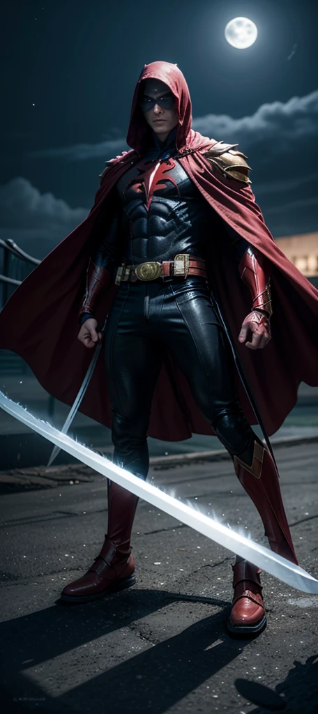 { "Incite": "Create a full-body image of a superhero with a mysterious and intense aura, combining Spawn elements. The superhero should have a similar aesthetic to Moon Knight, but with a black and red primary color scheme. The character must have a dark and intriguing presence, with elegant, modern armor and a flowing cape. Focus in the dark, hmm fearless hero, using a giant sword in his hands.
