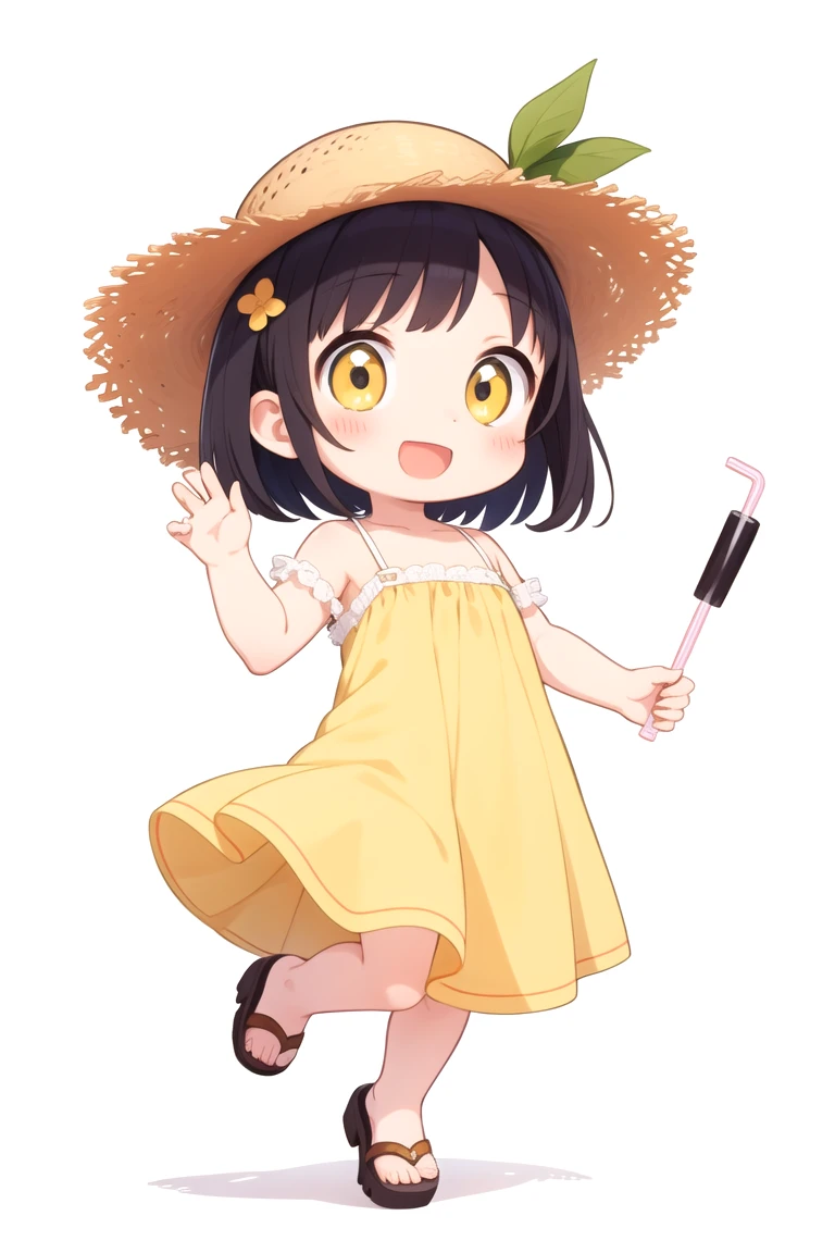 chibi, flat color, solo, full body, cute, (highest quality), Girl with a straw hat, Yellow Summer Dresses, sandal, Lively smile, open mouth, looks fun, ((white background)), (masterpiece)