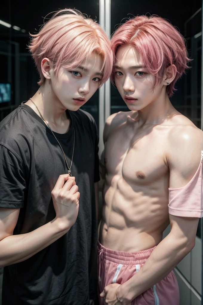 Two kpop boys with pink hair